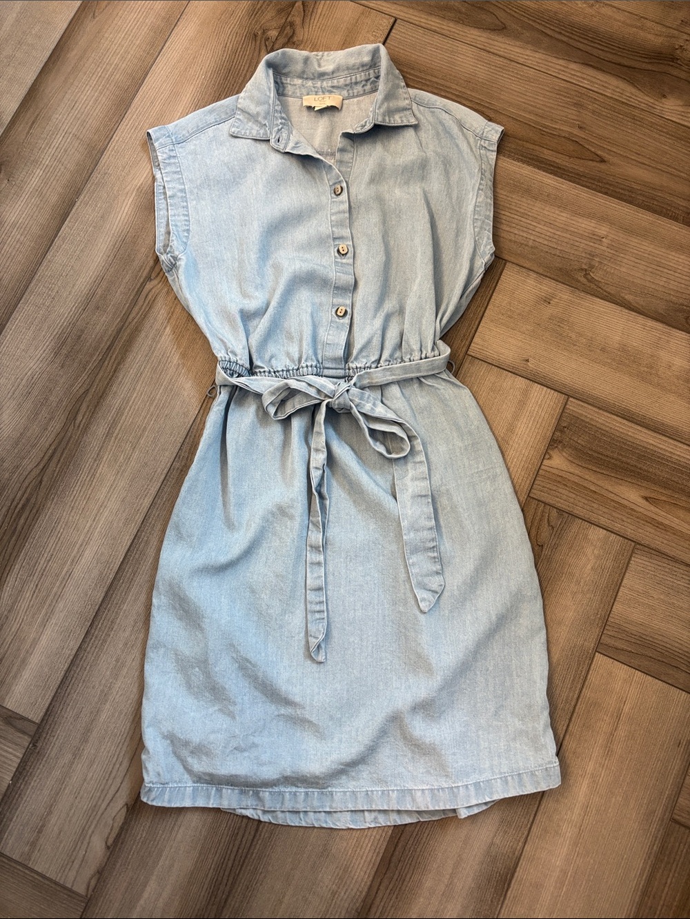 LOFT Light Blue Denim Tie-Waist Mini Dress